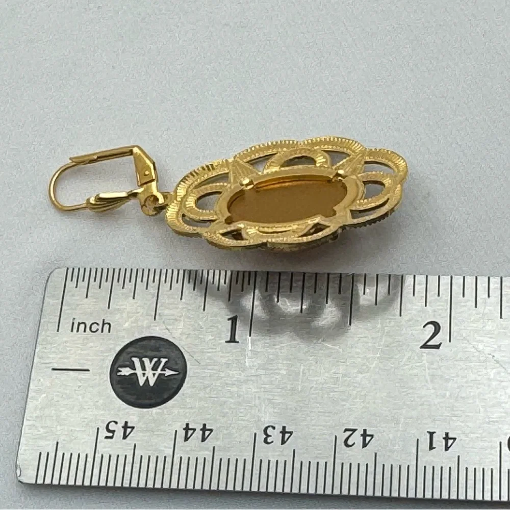 Gold Tone Filigree Amber Cabochon Drop Earrings Leverback